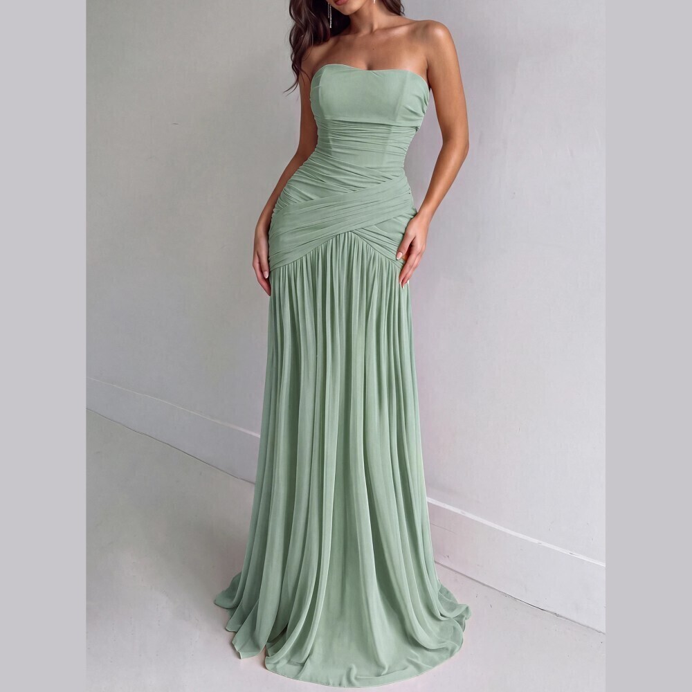 Pale Mint Green Ruched Strapless Crisscross Waist Maxi Gown